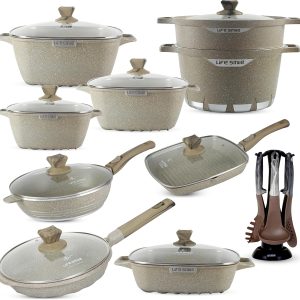 Cookware Set LIFE SMILE 24 pieces Square Pots and Pans Set - Granite, Non-Stick, PFOA Free - Include Casseroles, Steam Pot, Shallow Pot, Grill Pan, Fry Pan, Saute Pan, Kitchen Utensils